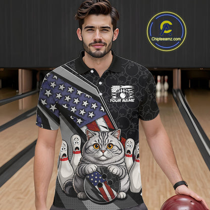 Man wearing custom black patriotic cat bowling polo shirt front view featuring a cute cartoon feline, American flag and bowling ball, displaying Your Name, at the bowling alley