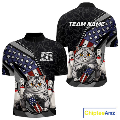 Front and back view custom black patriotic cat bowling quarter-zip shirt featuring a cute cartoon feline, American flag, bowling ball and honeycomb pattern, displaying Your Name and Team Name