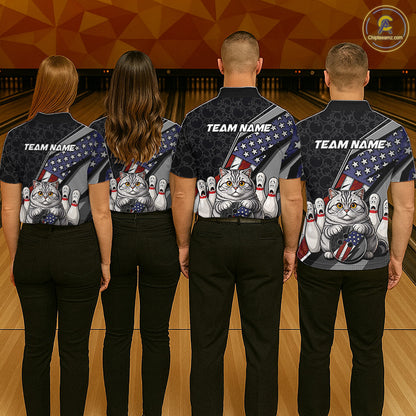 Four people shown from the back wearing matching bowling-themed bowling shirts with a cat and bowling pins graphic, standing on a bowling lane.