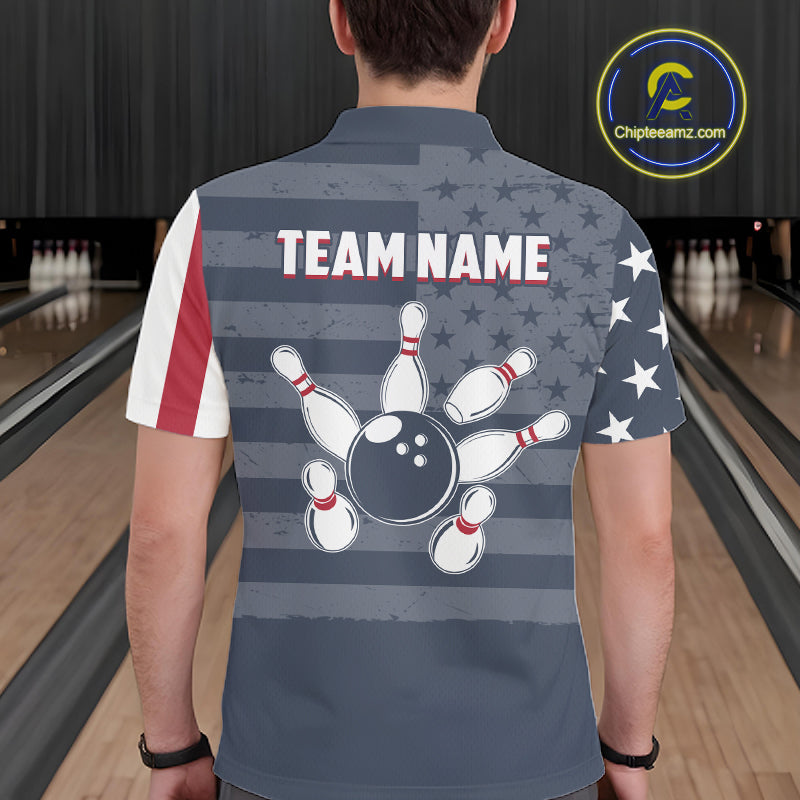 Custom American Flag Bowling Shirt for Men Patriotic Bowling Jersey Polo & 1/4-Zip QZT1310
