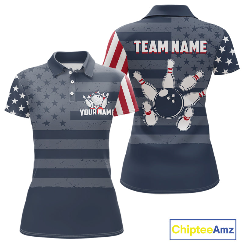 Custom American Flag Bowling Shirt for Women Patriotic Bowling Jersey Polo & 1/4-Zip QZT1310