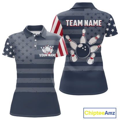 Custom American Flag Bowling Shirt for Women Patriotic Bowling Jersey Polo & 1/4-Zip QZT1310