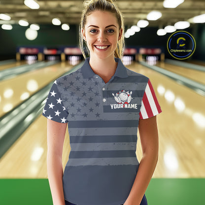 Custom American Flag Bowling Shirt for Women Patriotic Bowling Jersey Polo & 1/4-Zip QZT1310