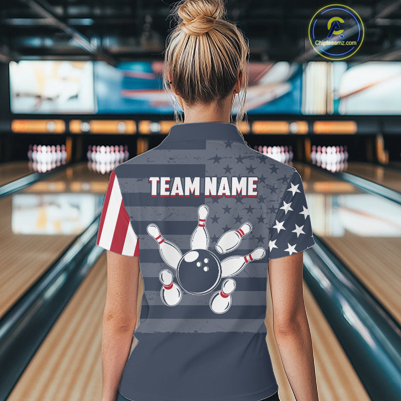 Custom American Flag Bowling Shirt for Women Patriotic Bowling Jersey Polo & 1/4-Zip QZT1310