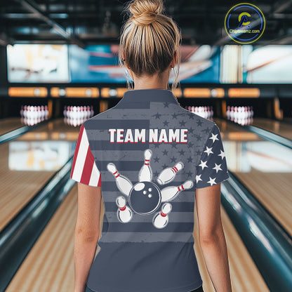 Custom American Flag Bowling Shirt for Women Patriotic Bowling Jersey Polo & 1/4-Zip QZT1310