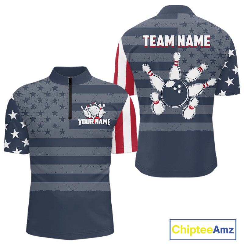 Custom American Flag Bowling Shirt for Men Patriotic Bowling Jersey Polo & 1/4-Zip QZT1310