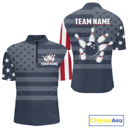 Custom American Flag Bowling Shirt for Men Patriotic Bowling Jersey Polo & 1/4-Zip QZT1310
