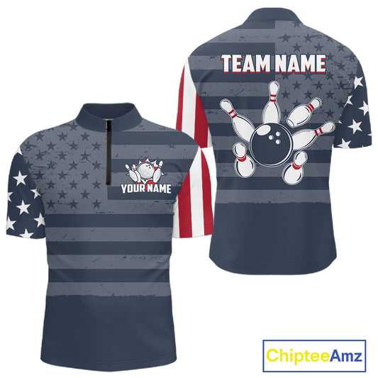 Custom American Flag Bowling Shirt for Men Patriotic Bowling Jersey Polo & 1/4-Zip QZT1310