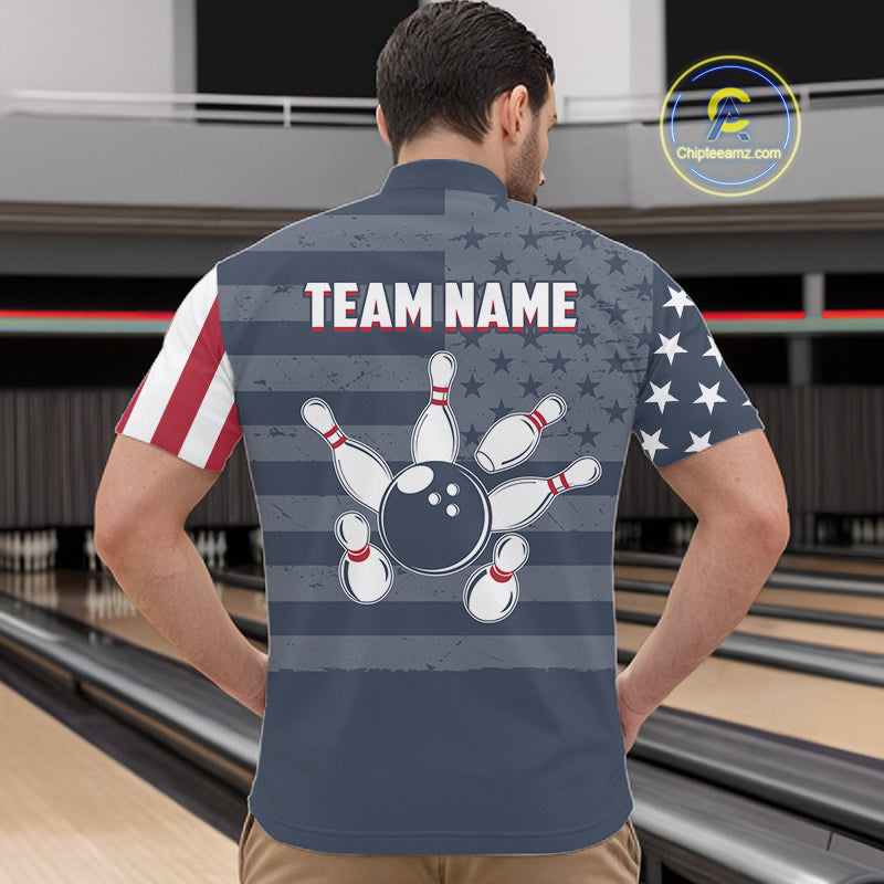 Custom American Flag Bowling Shirt for Men Patriotic Bowling Jersey Polo & 1/4-Zip QZT1310