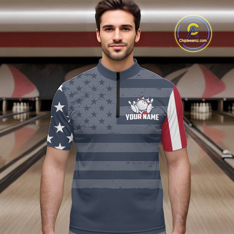 Custom American Flag Bowling Shirt for Men Patriotic Bowling Jersey Polo & 1/4-Zip QZT1310