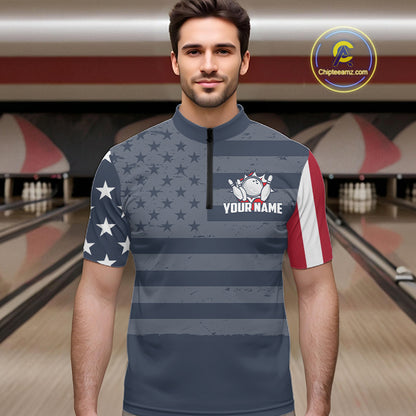 Custom American Flag Bowling Shirt for Men Patriotic Bowling Jersey Polo & 1/4-Zip QZT1310