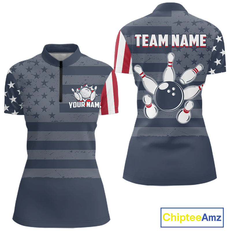 Custom American Flag Bowling Shirt for Women Patriotic Bowling Jersey Polo & 1/4-Zip QZT1310