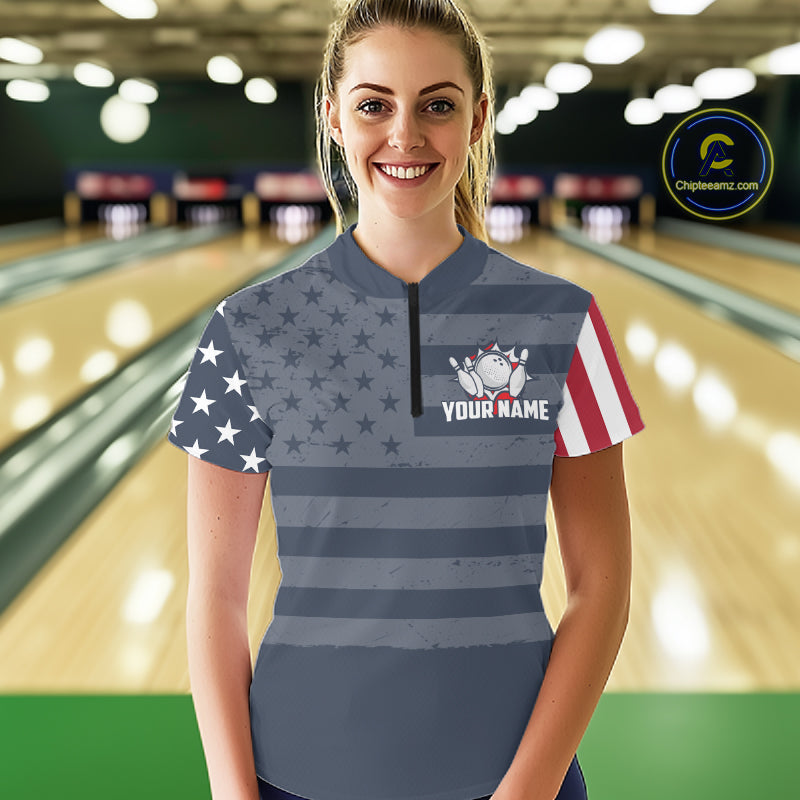 Custom American Flag Bowling Shirt for Women Patriotic Bowling Jersey Polo & 1/4-Zip QZT1310