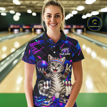 Load image into Gallery viewer, Woman wearing a colorful bowling shirt with a cat design in a bowling alley.