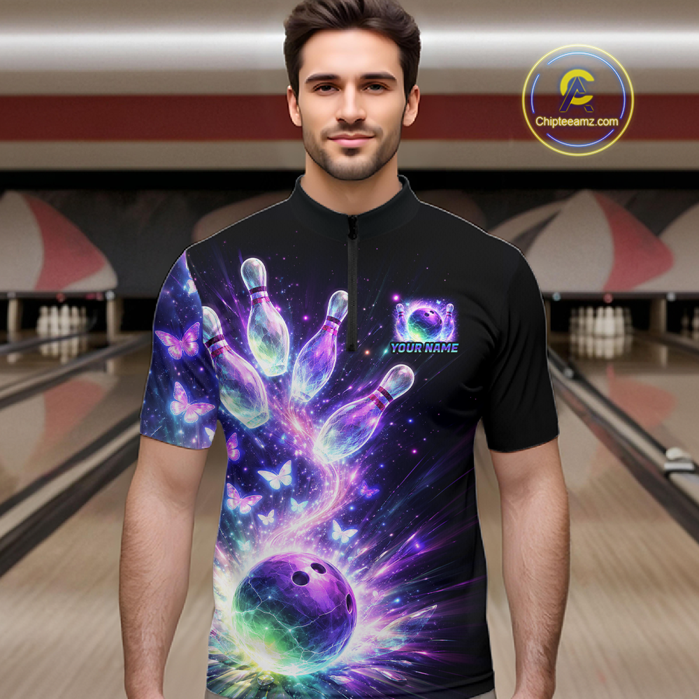 Neon Aurora Bowling Shirt Custom Galaxy Glow Bowling Jersey for Men Polo & Quarter-Zip QZT967
