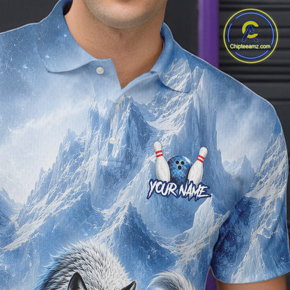 Person wearing a blue mountain-themed shirt with bowling design and 'Your Name' text.