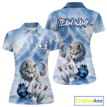 Load image into Gallery viewer, Polo shirt with wolf design and bowling elements, featuring 'Team Name' text on a blue and white background.