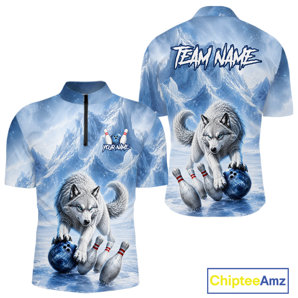 Shirt with wolf design and customizable text on a white background