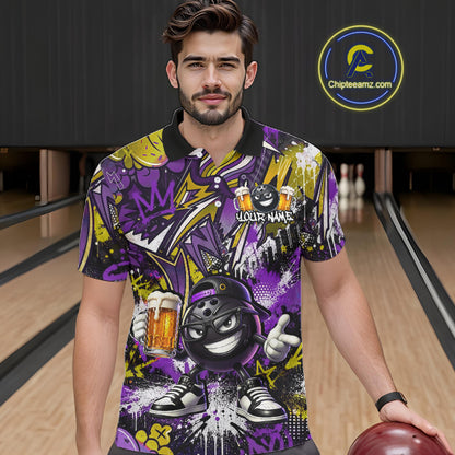 Custom Funny Yellow Bowling Ball & Beer Bowling Shirt Bowling Team Jersey for Men Polo & 1/4-Zip QZT1234