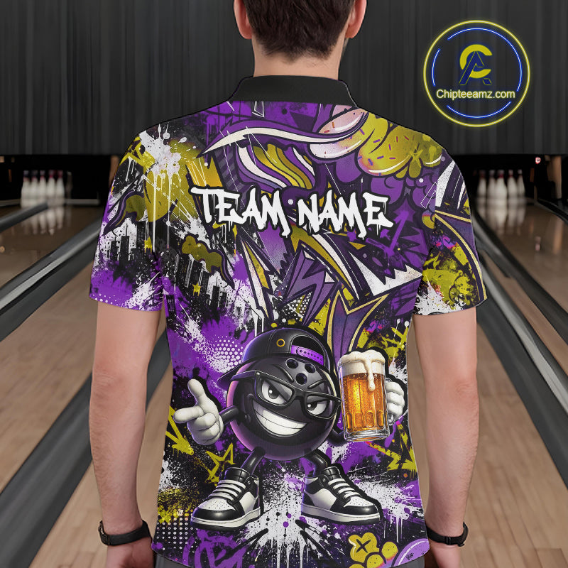 Custom Funny Yellow Bowling Ball & Beer Bowling Shirt Bowling Team Jersey for Men Polo & 1/4-Zip QZT1234