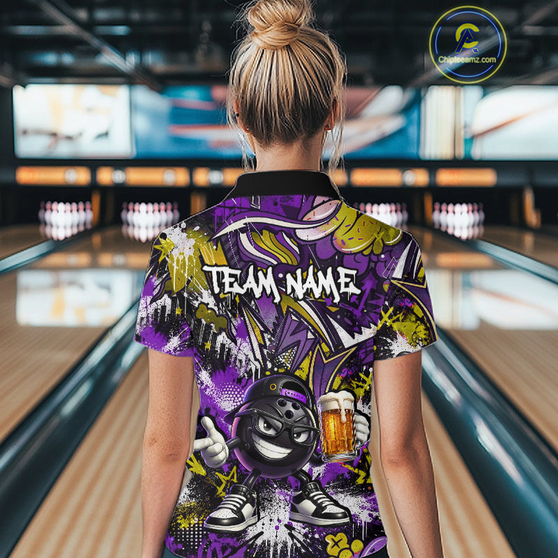 Custom Funny Yellow Bowling Ball & Beer Bowling Shirt Bowling Team Jersey for Women Polo & 1/4-Zip QZT1234
