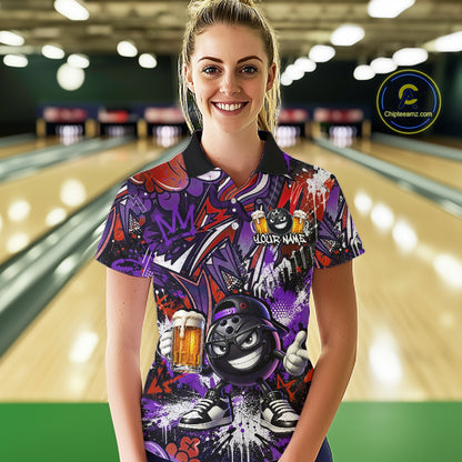 Custom Funny Red Bowling Ball & Beer Bowling Shirt Bowling Team Jersey for Women Polo & 1/4-Zip QZT1234
