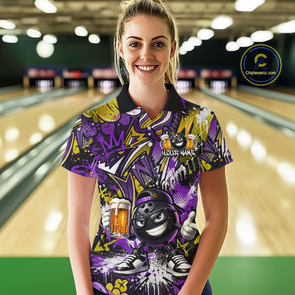 Custom Funny Yellow Bowling Ball & Beer Bowling Shirt Bowling Team Jersey for Women Polo & 1/4-Zip QZT1234