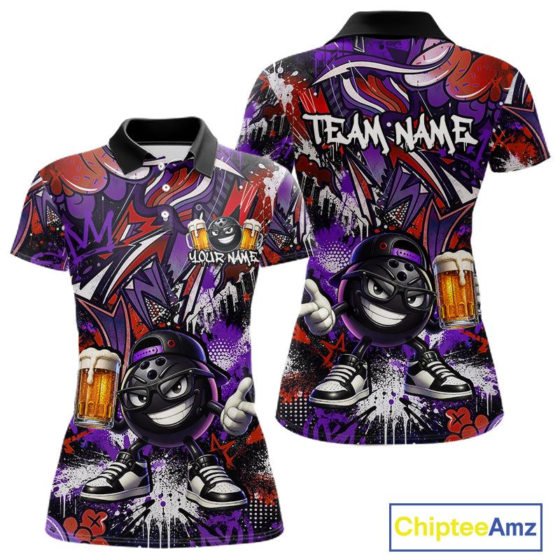 Custom Funny Red Bowling Ball & Beer Bowling Shirt Bowling Team Jersey for Women Polo & 1/4-Zip QZT1234