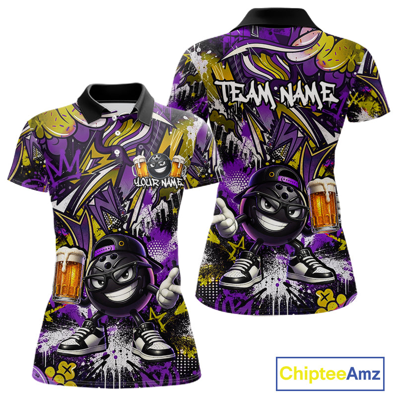 Custom Funny Yellow Bowling Ball & Beer Bowling Shirt Bowling Team Jersey for Women Polo & 1/4-Zip QZT1234