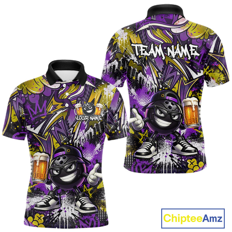 Custom Funny Yellow Bowling Ball & Beer Bowling Shirt Bowling Team Jersey for Men Polo & 1/4-Zip QZT1234