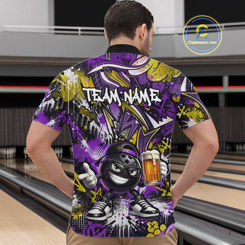 Custom Funny Yellow Bowling Ball & Beer Bowling Shirt Bowling Team Jersey for Men Polo & 1/4-Zip QZT1234