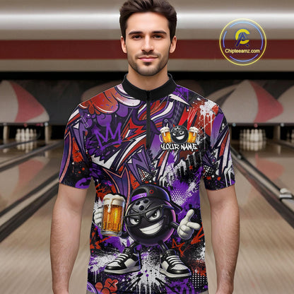 Custom Funny Red Bowling Ball & Beer Bowling Shirt Bowling Team Jersey for Men Polo & 1/4-Zip QZT1234