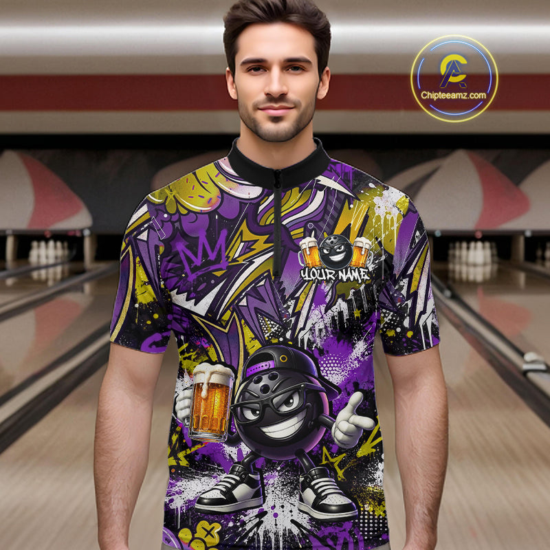 Custom Funny Yellow Bowling Ball & Beer Bowling Shirt Bowling Team Jersey for Men Polo & 1/4-Zip QZT1234