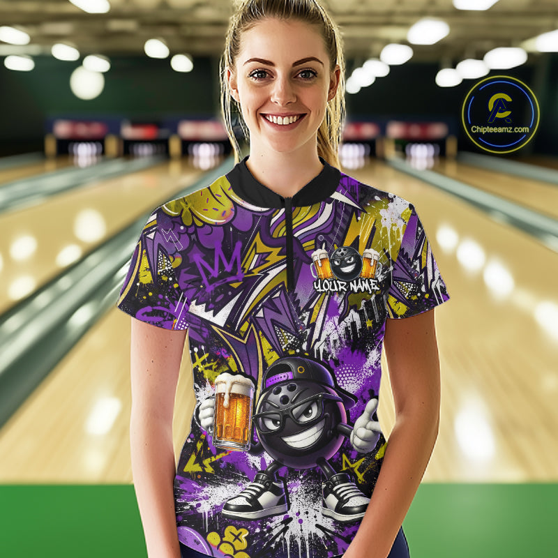 Custom Funny Yellow Bowling Ball & Beer Bowling Shirt Bowling Team Jersey for Women Polo & 1/4-Zip QZT1234