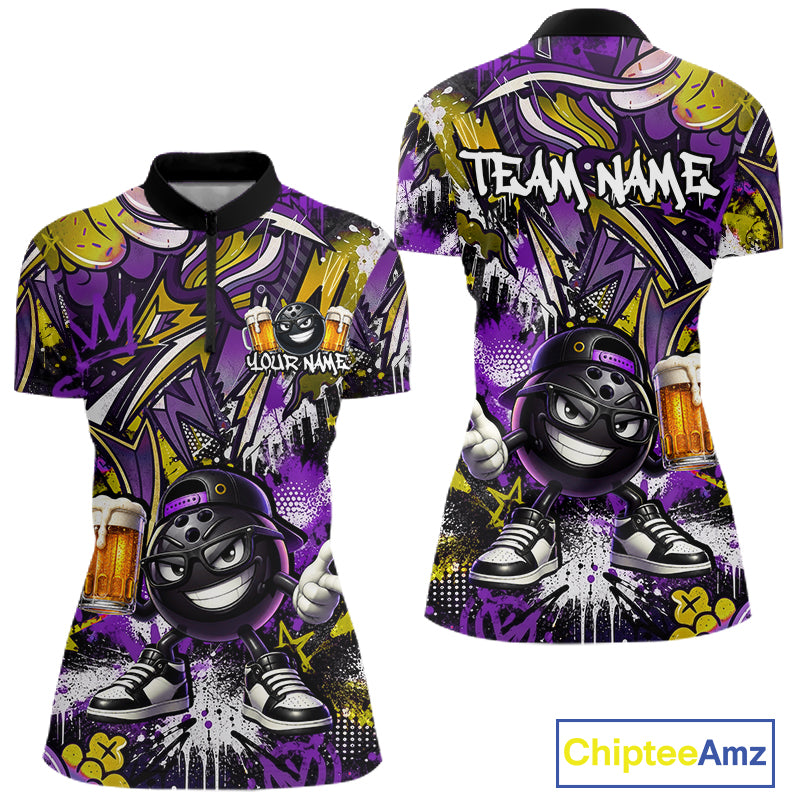 Custom Funny Yellow Bowling Ball & Beer Bowling Shirt Bowling Team Jersey for Women Polo & 1/4-Zip QZT1234