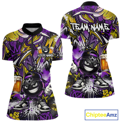 Custom Funny Yellow Bowling Ball & Beer Bowling Shirt Bowling Team Jersey for Women Polo & 1/4-Zip QZT1234