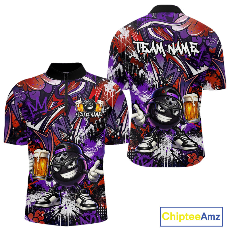 Custom Funny Red Bowling Ball & Beer Bowling Shirt Bowling Team Jersey for Men Polo & 1/4-Zip QZT1234