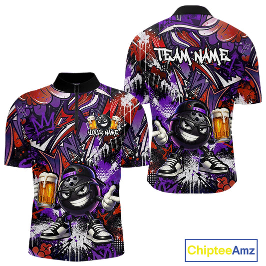 Custom Funny Red Bowling Ball & Beer Bowling Shirt Bowling Team Jersey for Men Polo & 1/4-Zip QZT1234