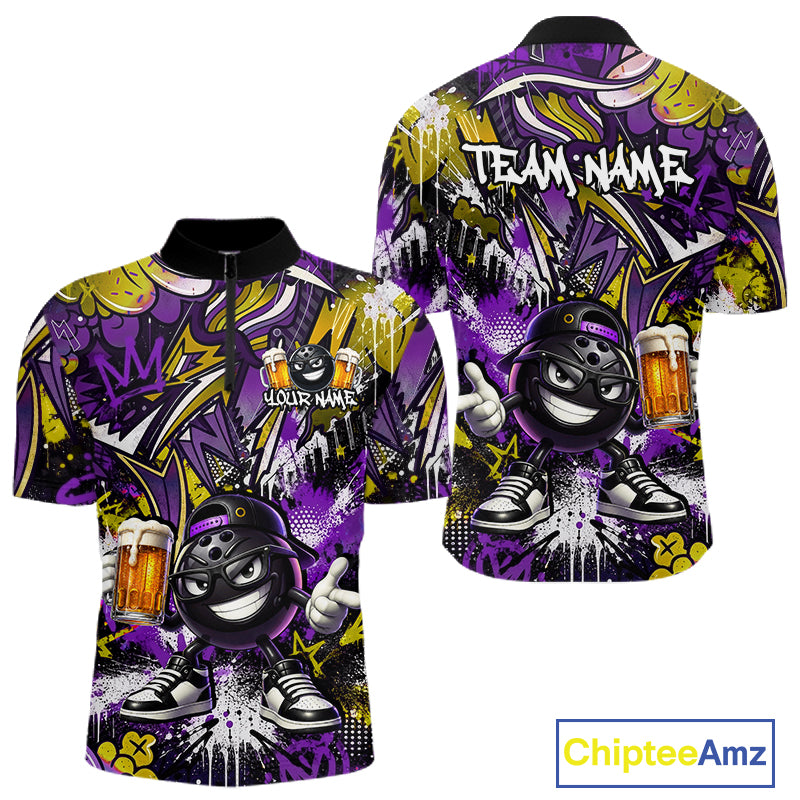 Custom Funny Yellow Bowling Ball & Beer Bowling Shirt Bowling Team Jersey for Men Polo & 1/4-Zip QZT1234