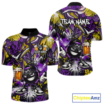 Custom Funny Yellow Bowling Ball & Beer Bowling Shirt Bowling Team Jersey for Men Polo & 1/4-Zip QZT1234