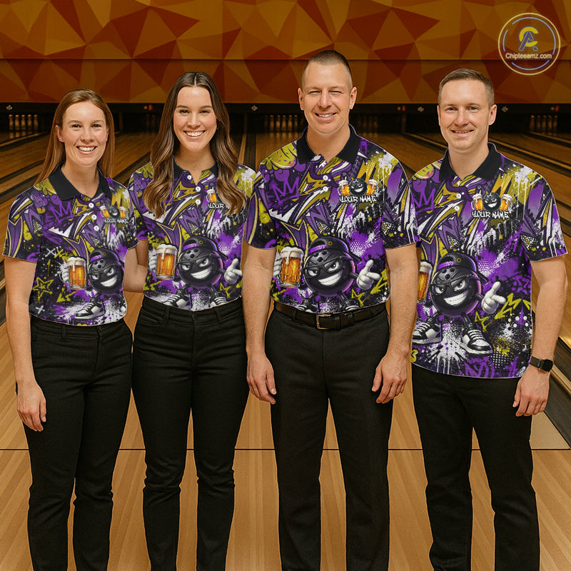 Custom Funny Yellow Bowling Ball & Beer Bowling Shirt Bowling Team Jersey for Women Polo & 1/4-Zip QZT1234