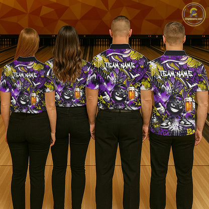 Custom Funny Yellow Bowling Ball & Beer Bowling Shirt Bowling Team Jersey for Women Polo & 1/4-Zip QZT1234