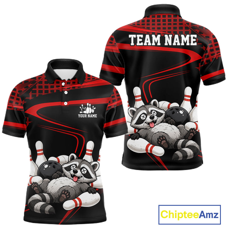 Black & Red Funny Raccoon Bowling Shirt for Men Bowling Team Jersey Polo & 1/4-Zip QZT1238