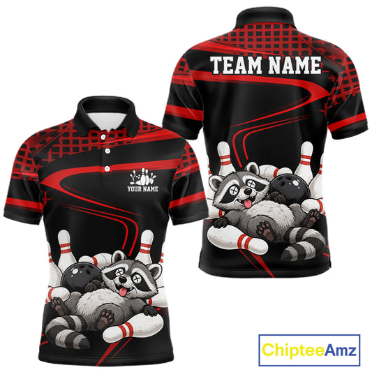 Black & Red Funny Raccoon Bowling Shirt for Men Bowling Team Jersey Polo & 1/4-Zip QZT1238