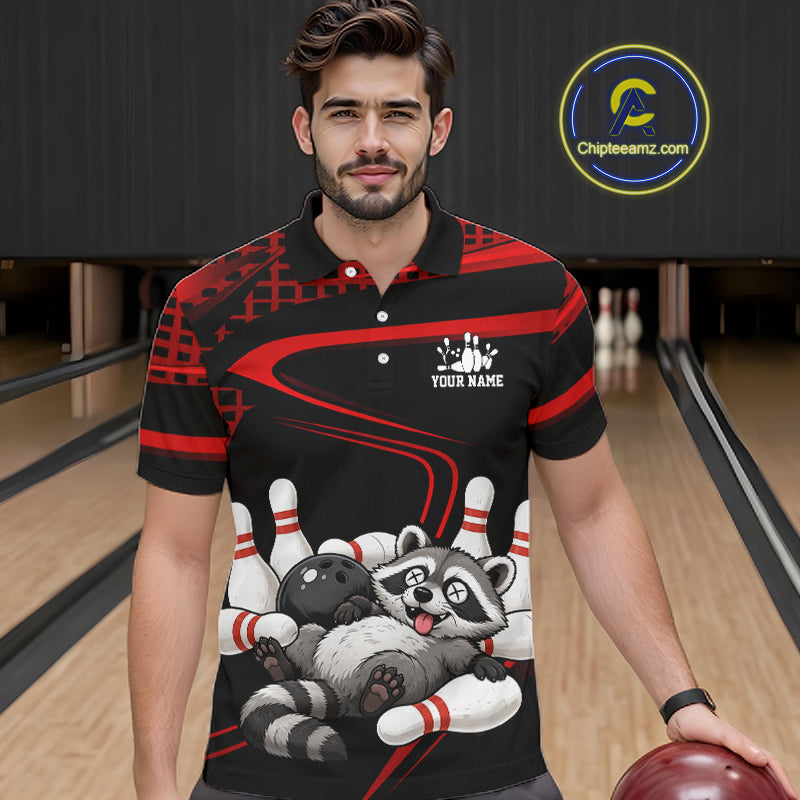 Black & Red Funny Raccoon Bowling Shirt for Men Bowling Team Jersey Polo & 1/4-Zip QZT1238
