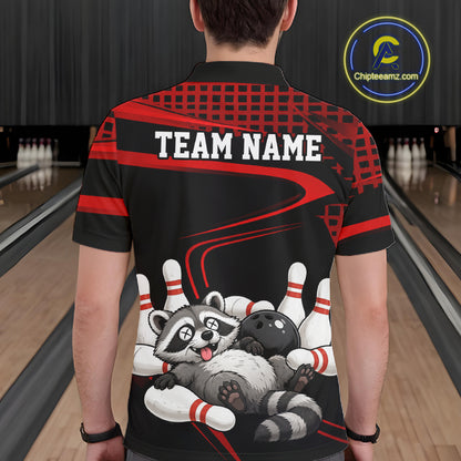 Black & Red Funny Raccoon Bowling Shirt for Men Bowling Team Jersey Polo & 1/4-Zip QZT1238