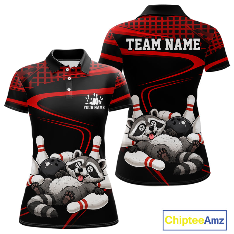 Black & Red Funny Raccoon Bowling Shirt for Women Bowling Team Jersey Polo & 1/4-Zip QZT1238