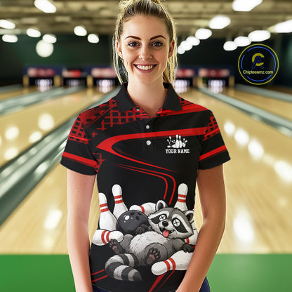 Black & Red Funny Raccoon Bowling Shirt for Women Bowling Team Jersey Polo & 1/4-Zip QZT1238
