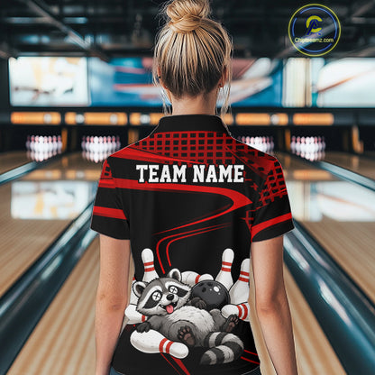 Black & Red Funny Raccoon Bowling Shirt for Women Bowling Team Jersey Polo & 1/4-Zip QZT1238