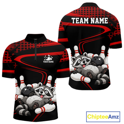 Black & Red Funny Raccoon Bowling Shirt for Men Bowling Team Jersey Polo & 1/4-Zip QZT1238